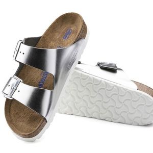 Metallic silver Arizona soft foot bed Birkenstock